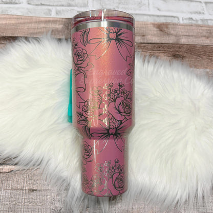 Laser Engraved Stanley Tumbler Port Shimmer, Flower Stanley Protour, Coquette Bow Personalized Stanley Pink Cup, EngravedExpressionCo