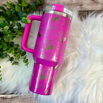 Engraved Stanley Quencher Punch Shimmer Stanley Tumbler Etched Coquette Bow Stanley Cherries And Bows Design Laser Engraved Stanley Gift, EngravedExpressionCo