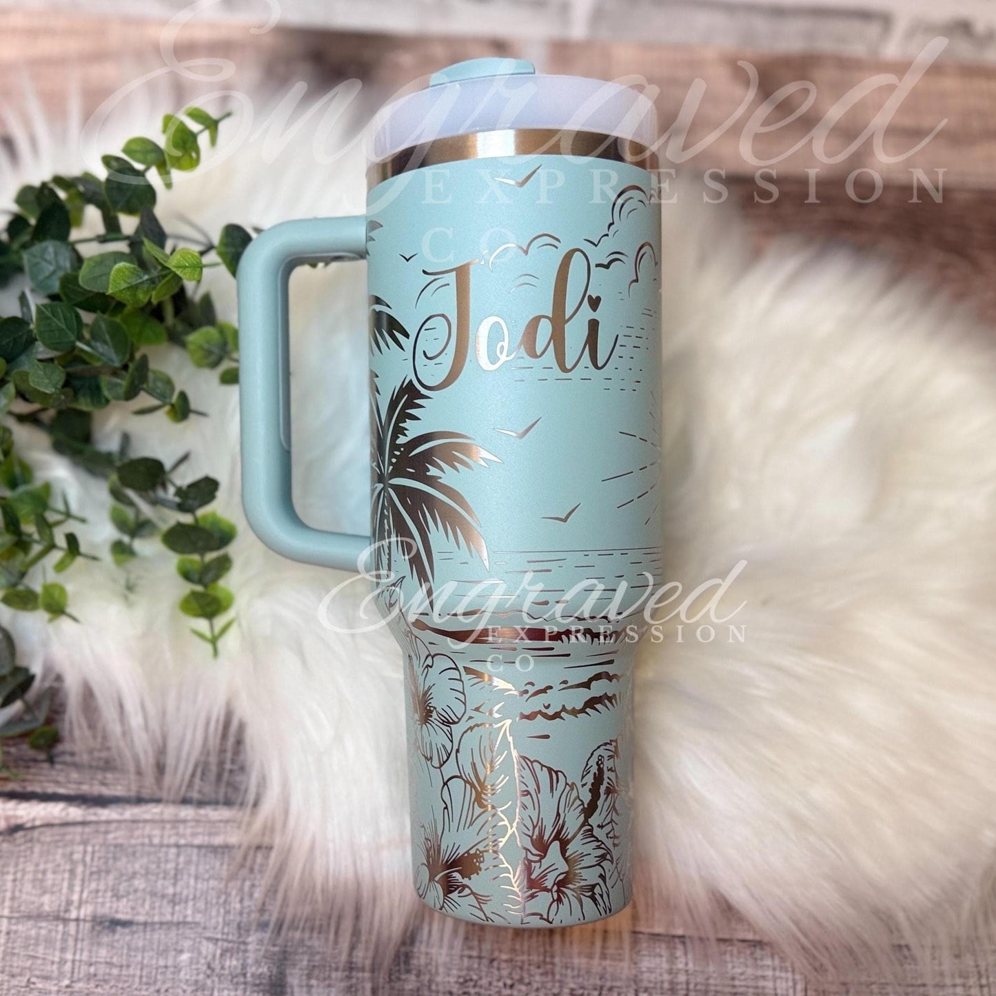 Laser Engraved Stanley Tumbler: Seafoam Beach & Floral Design, EngravedExpressionCo