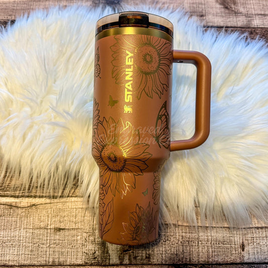 Engraved Mocha Latte Stanley Tumbler, Sunflowers and Butterflies Stanley, Personalized Stanley Protour, Custom Stanley Cup Gift, EngravedExpressionCo