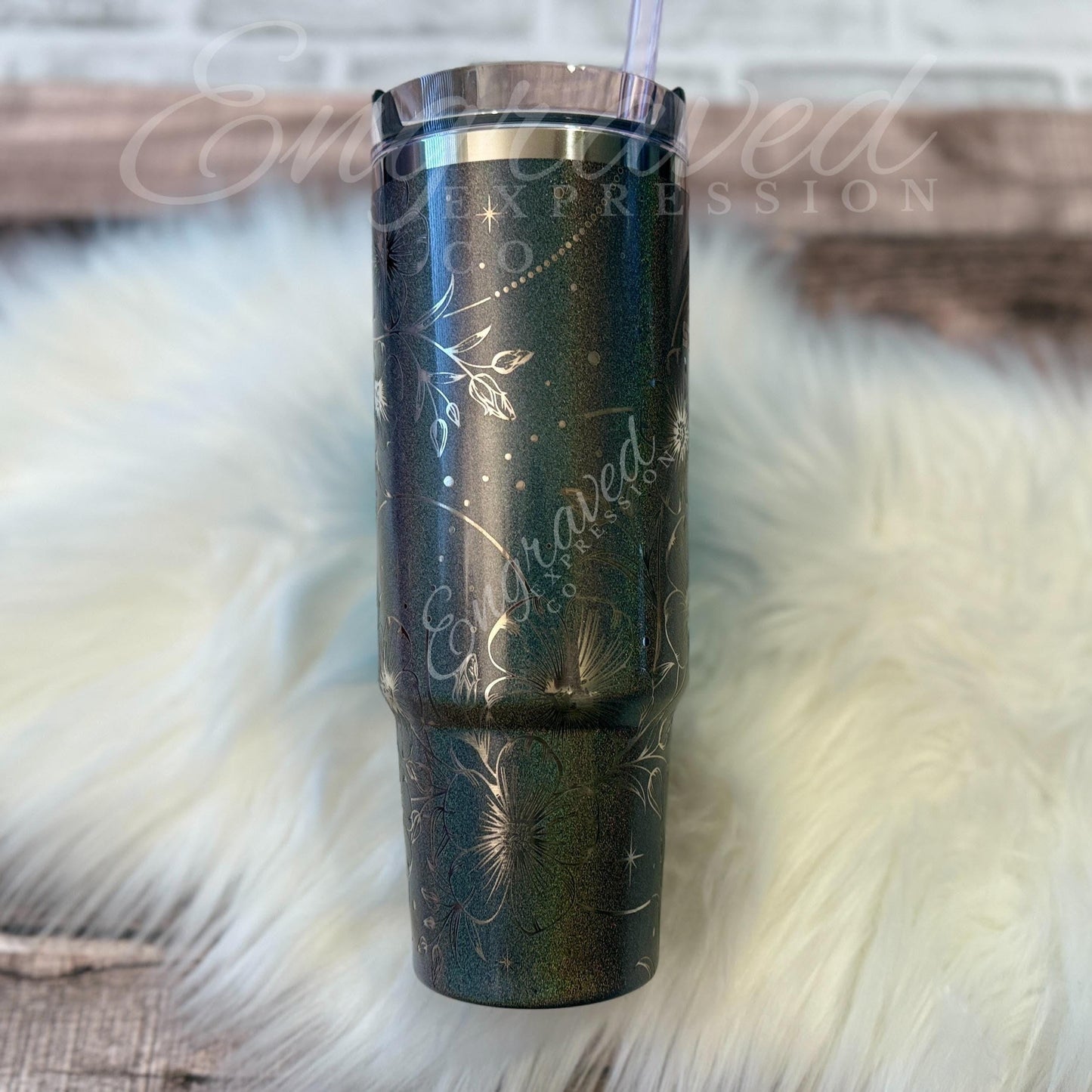 Engraved Stanley Tumbler Midnight Glitz: Boho Flower Design, EngravedExpressionCo