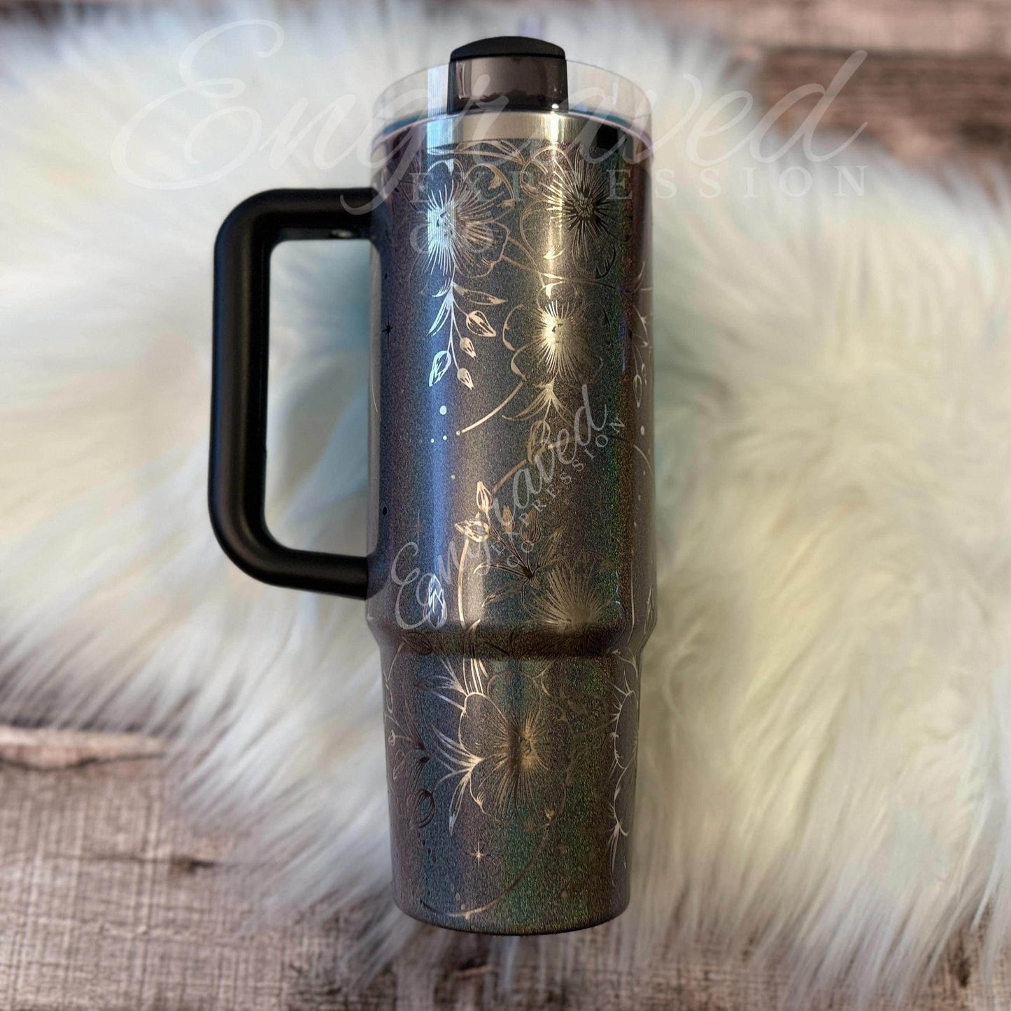 Engraved Stanley Tumbler Midnight Glitz: Boho Flower Design, EngravedExpressionCo