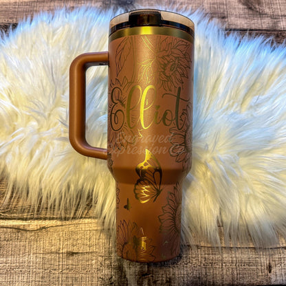 Engraved Mocha Latte Stanley Tumbler, Sunflowers and Butterflies Stanley, Personalized Stanley Protour, Custom Stanley Cup Gift, EngravedExpressionCo