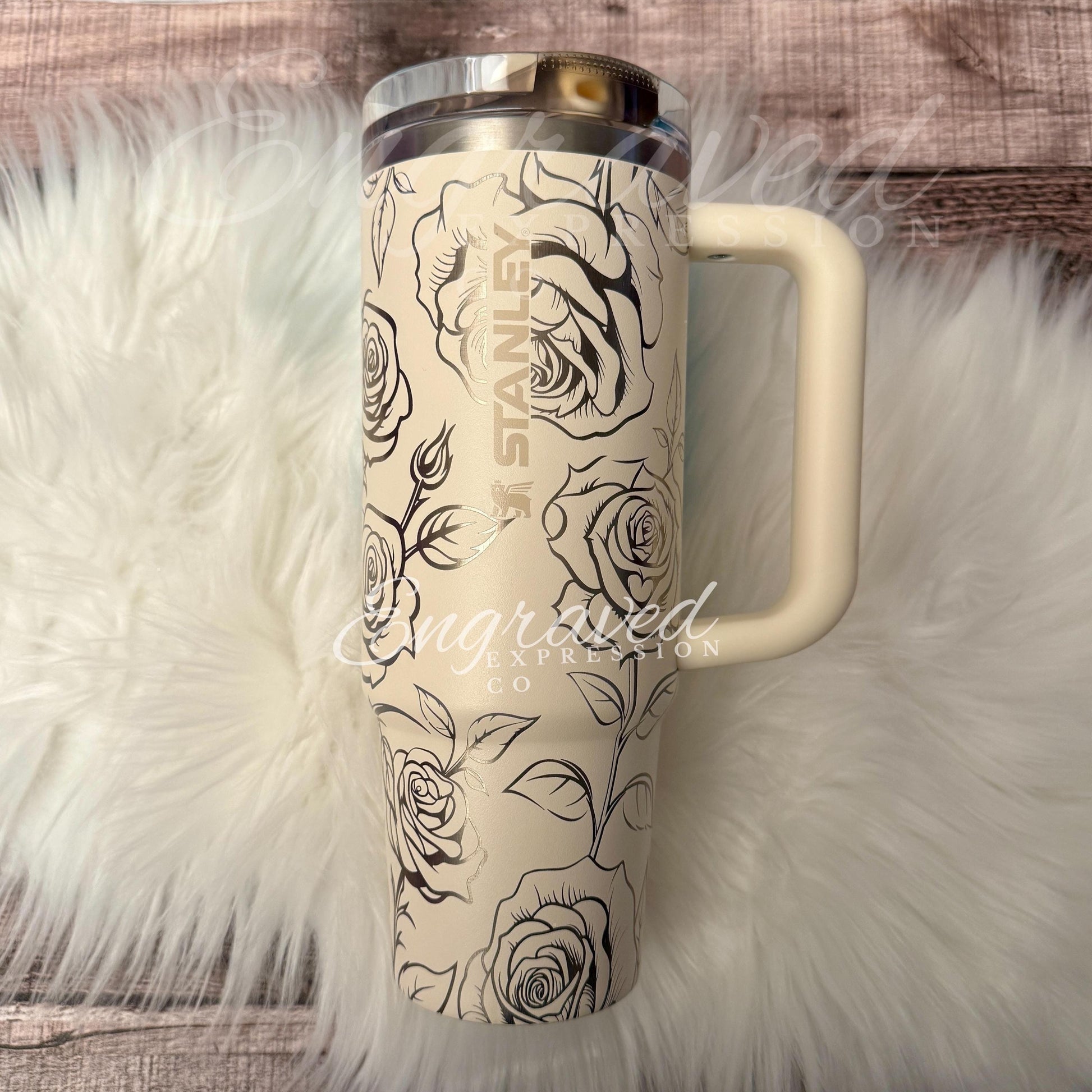 Laser Engraved Stanley Protour Tumbler Cream Rose Engraved Stanley Protour Custom Engraved Tumbler Leak Proof Stanley Cup, EngravedExpressionCo