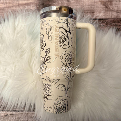 Laser Engraved Stanley Protour Tumbler Cream Rose Engraved Stanley Protour Custom Engraved Tumbler Leak Proof Stanley Cup, EngravedExpressionCo