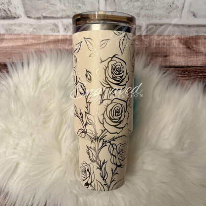 Laser Engraved Stanley Protour Tumbler Cream Rose Engraved Stanley Protour Custom Engraved Tumbler Leak Proof Stanley Cup, EngravedExpressionCo