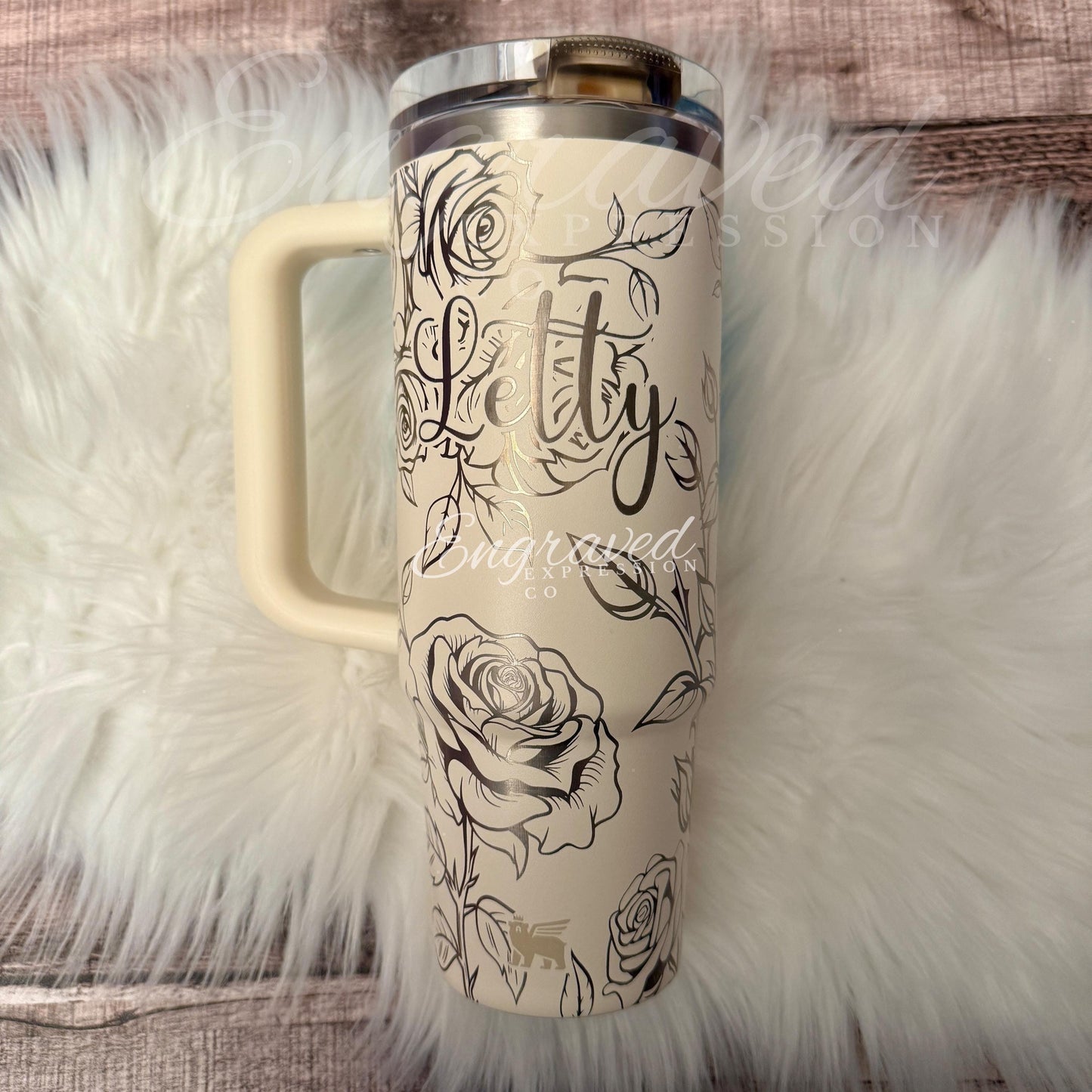 Laser Engraved Stanley Protour Tumbler Cream Rose Engraved Stanley Protour Custom Engraved Tumbler Leak Proof Stanley Cup, EngravedExpressionCo
