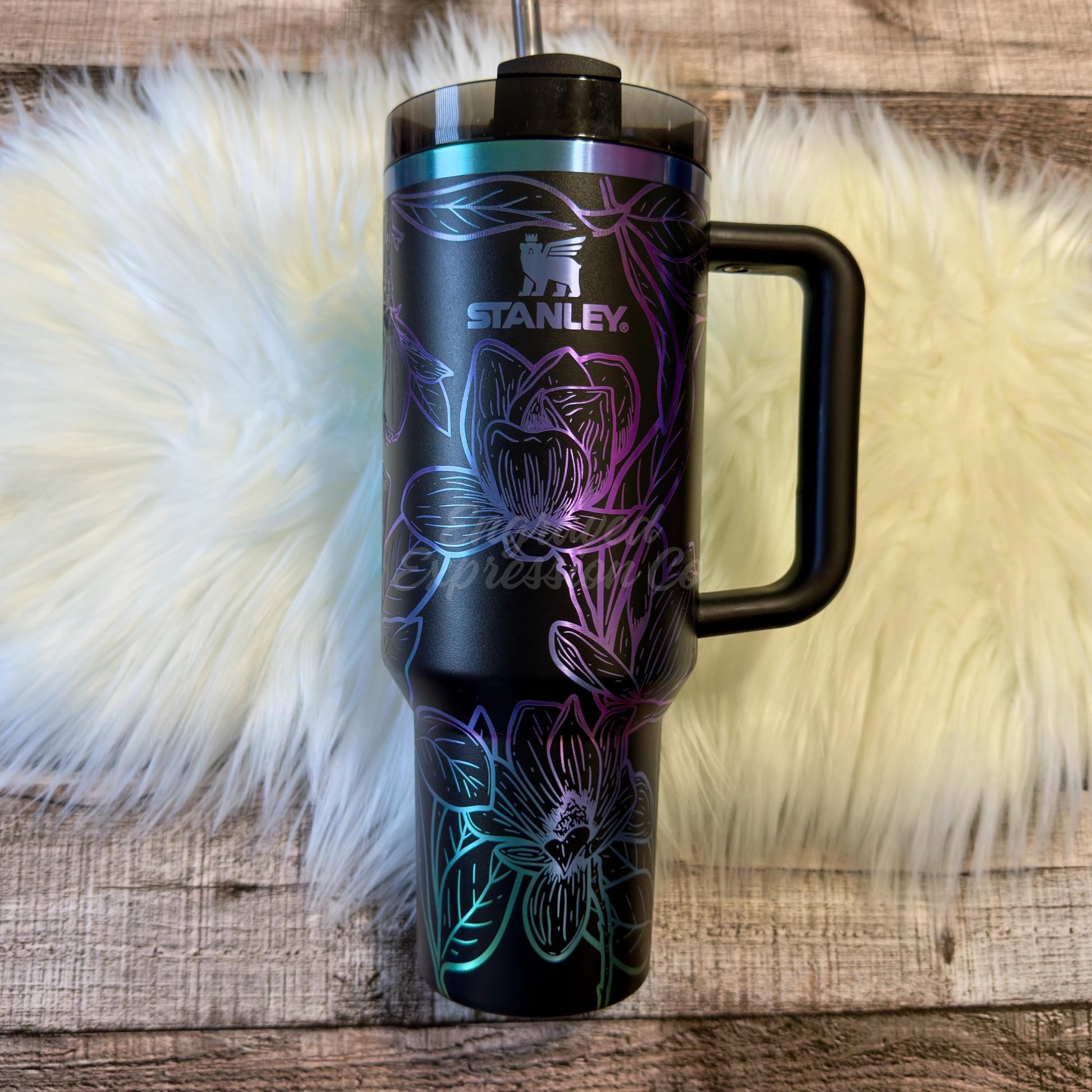 Engraved Black Chroma Stanley Tumbler, Magnolia Stanley Cup, Personalized Floral Stanley Quencher, Tumbler Collector Gift, Full Wrap Stanley, EngravedExpressionCo