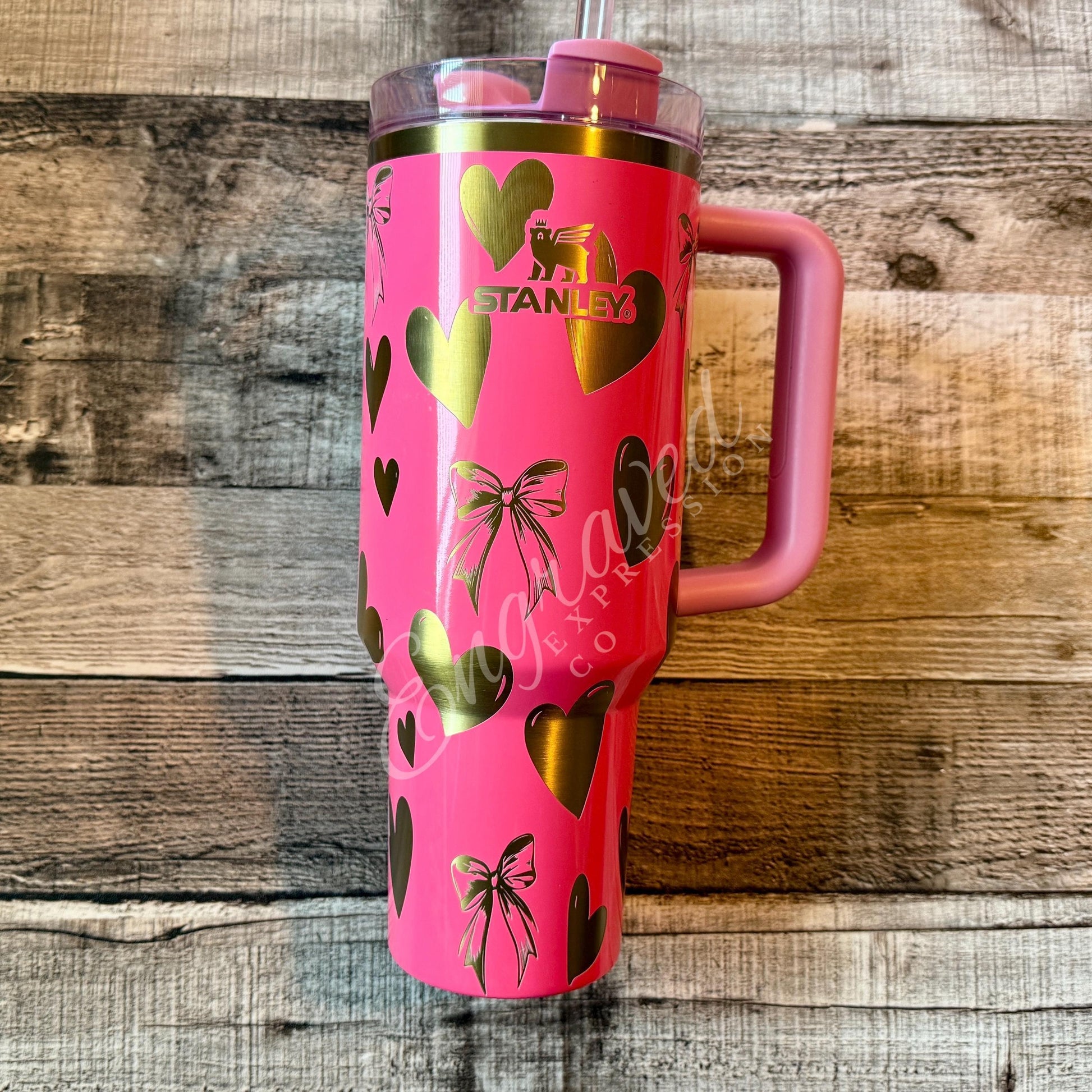 Etched Stanley Pink Parade Tumbler: Bows and Hearts Engraving, EngravedExpressionCo
