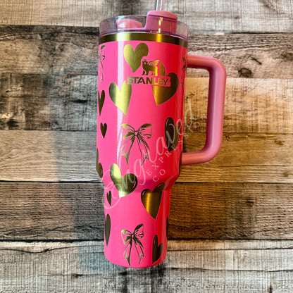 Etched Stanley Pink Parade Tumbler: Bows and Hearts Engraving, EngravedExpressionCo