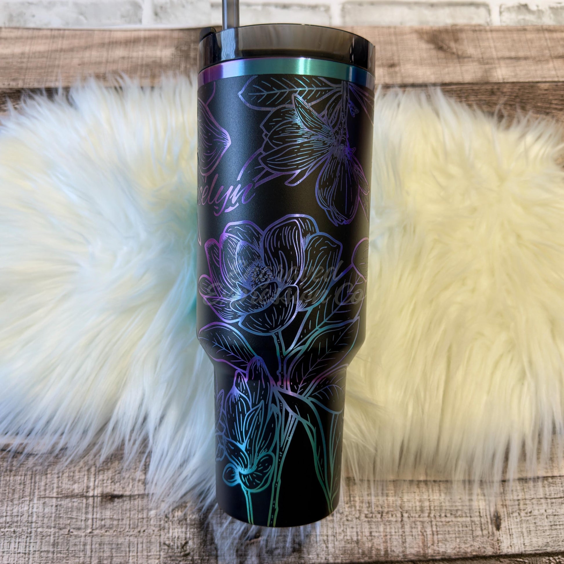 Engraved Black Chroma Stanley Tumbler, Magnolia Stanley Cup, Personalized Floral Stanley Quencher, Tumbler Collector Gift, Full Wrap Stanley, EngravedExpressionCo