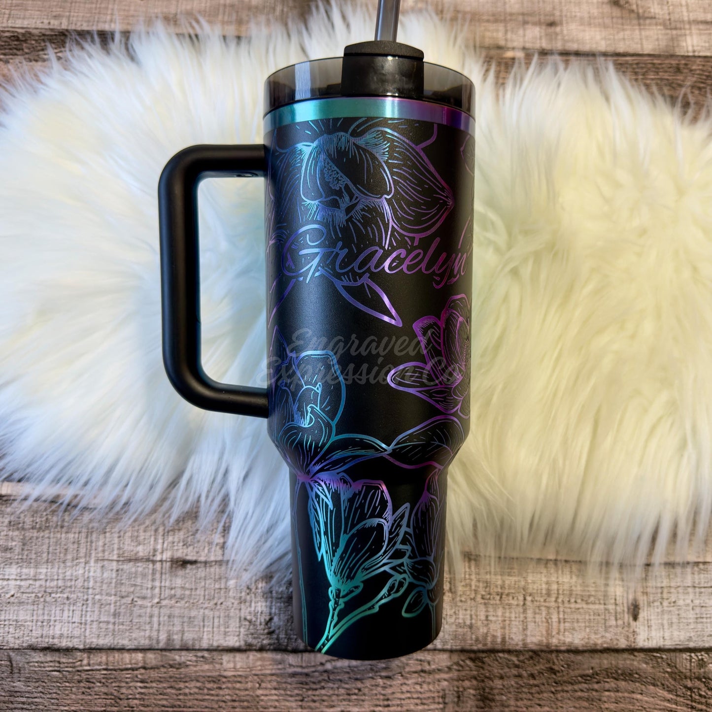 Engraved Black Chroma Stanley Tumbler, Magnolia Stanley Cup, Personalized Floral Stanley Quencher, Tumbler Collector Gift, Full Wrap Stanley, EngravedExpressionCo