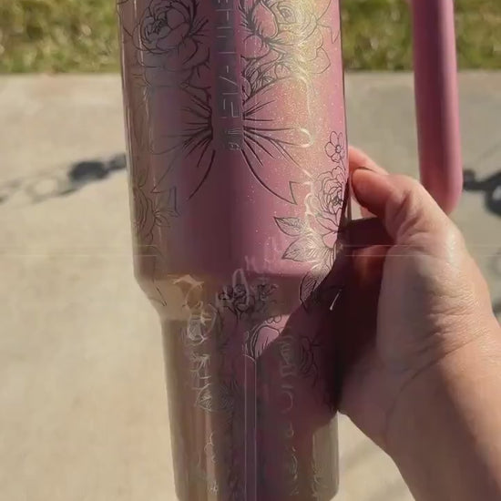 Laser Engraved Stanley Tumbler Port Shimmer, Flower Stanley Protour, Coquette Bow Personalized Stanley Pink Cup