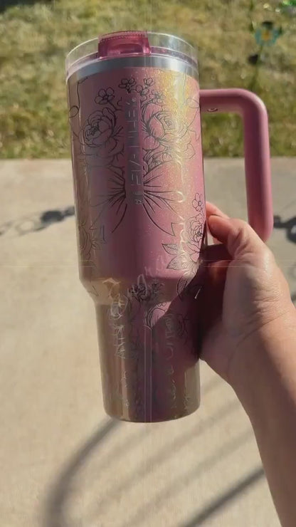 Laser Engraved Stanley Tumbler Port Shimmer, Flower Stanley Protour, Coquette Bow Personalized Stanley Pink Cup
