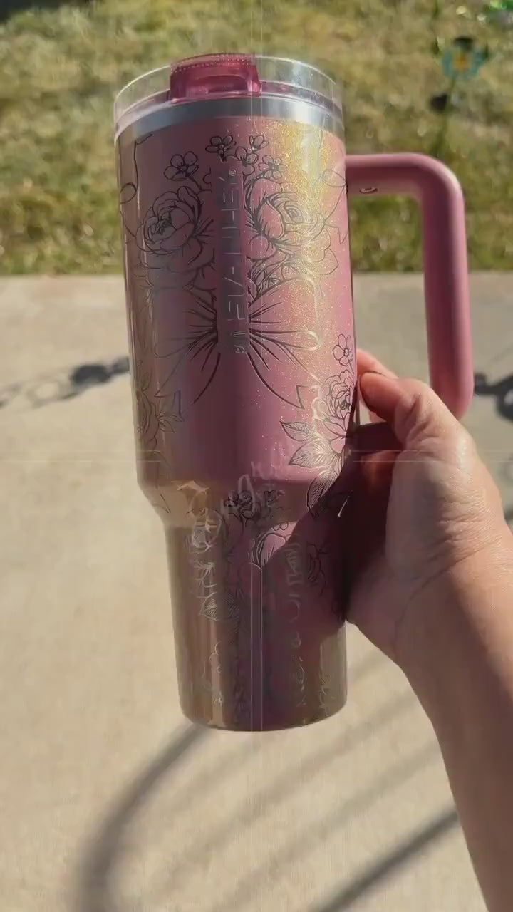Laser Engraved Stanley Tumbler Port Shimmer, Flower Stanley Protour, Coquette Bow Personalized Stanley Pink Cup