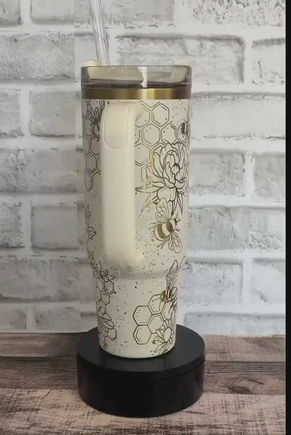 Laser Engraved Tumbler – Stanley Cream Moon With Bumblebee Design & Honeycomb Pattern
