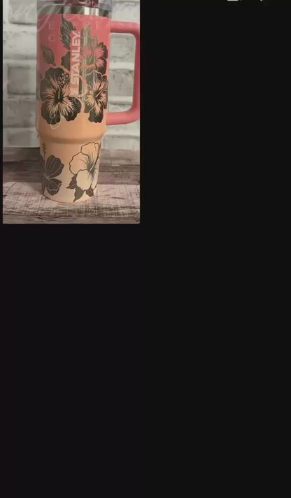 Laser Engraved Tumbler - Stanley Quencher Pink Mesa Sunset With Floral Design