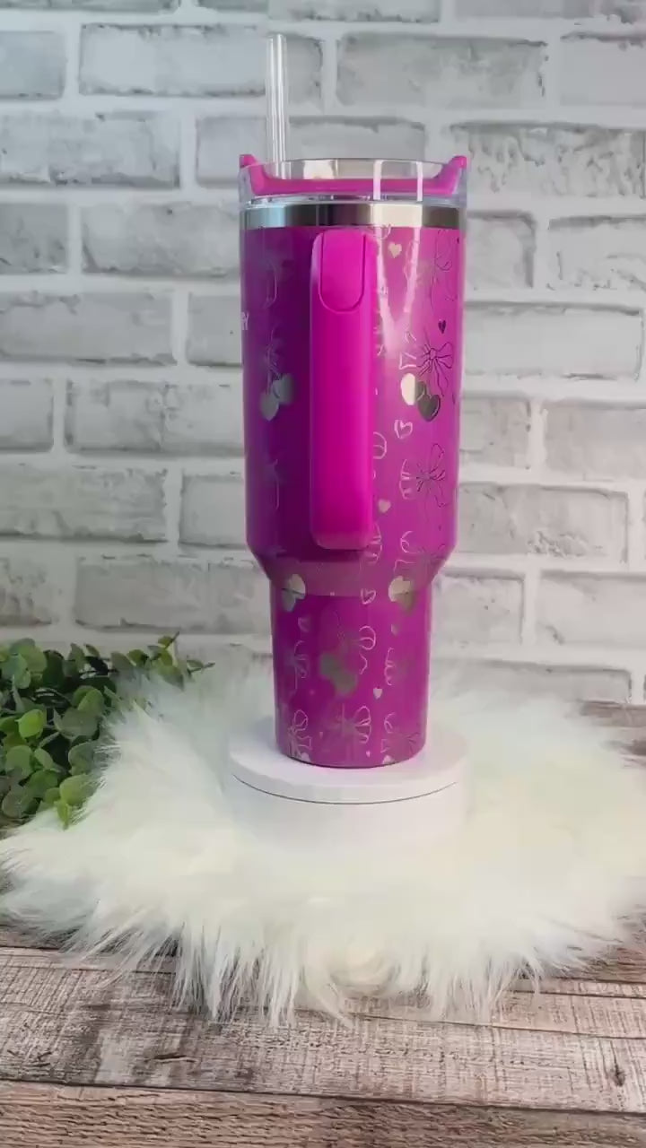 Engraved Stanley Quencher Punch Shimmer Stanley Tumbler Etched Coquette Bow Stanley Cherries And Bows Design Laser Engraved Stanley Gift