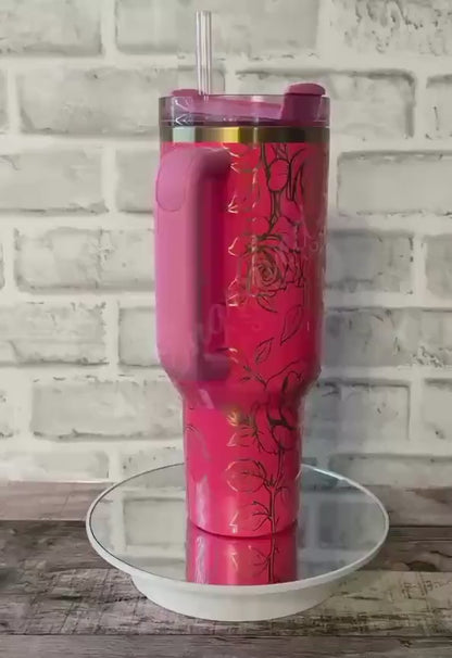 Engraved Stanley Tumbler | Pink Parade Floral Design | Laser Etched Stainless Steel Cup