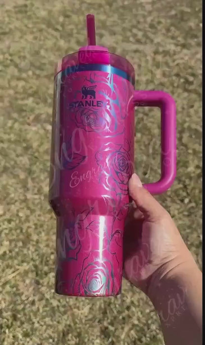Engraved Stanley Quencher - Custom Laser Tumbler With Rose Floral Etching