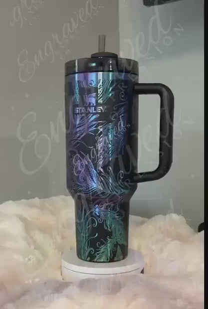 Stanley Engraved Tumbler - Black Chroma Stainless Steel Cup | Peacock Feather Design