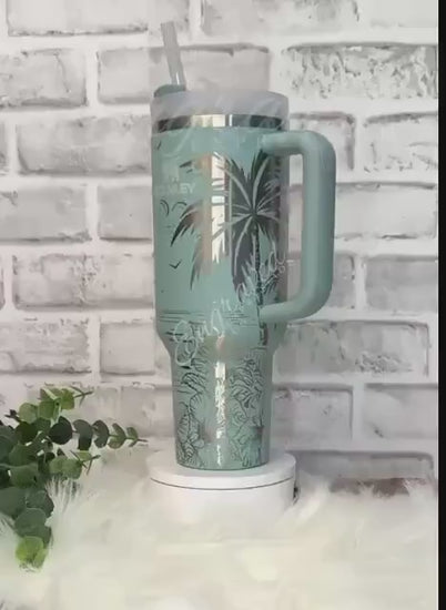 Laser Engraved Stanley Tumbler: Seafoam Beach & Floral Design