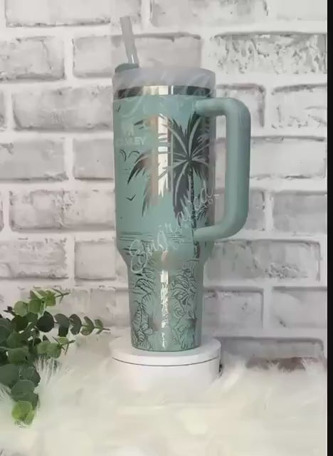 Laser Engraved Stanley Tumbler: Seafoam Beach & Floral Design