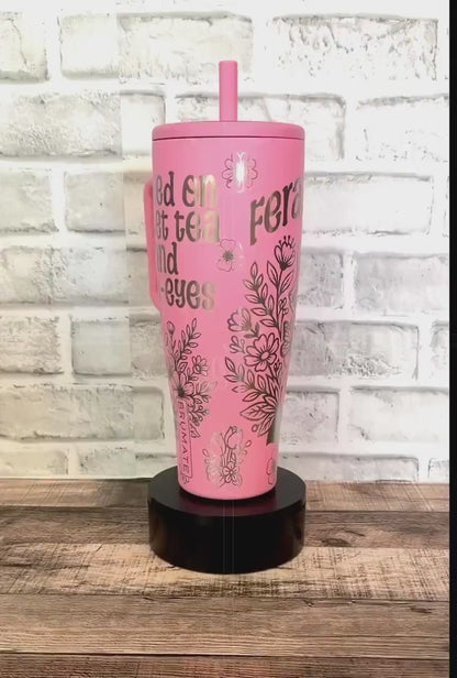 Engraved Brumate Tumbler | Primrose Pink Stainless Steel Cup with Raccoon Floral Design