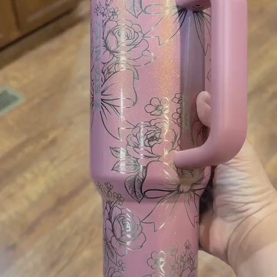 Engraved Stanley Tumbler Port Shimmer, Flower Laser Stanley Protour, Coquette Bow Personalized Stanley Pink Cup