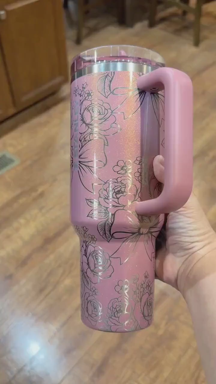 Engraved Stanley Tumbler Port Shimmer, Flower Laser Stanley Protour, Coquette Bow Personalized Stanley Pink Cup