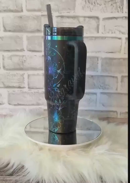 Engraved Stanley Tumbler | Black Chroma 40 oz Travel Mug with Boho Floral Design