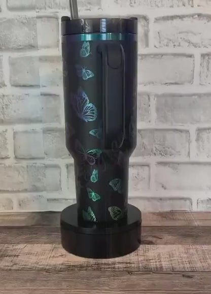 Engraved Stanley Tumbler - Black Chroma Full Wrap Butterfly Design, Vacuum Insulated Cup