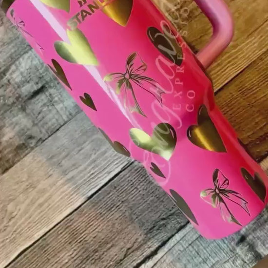 Etched Stanley Pink Parade Tumbler: Bows and Hearts Engraving