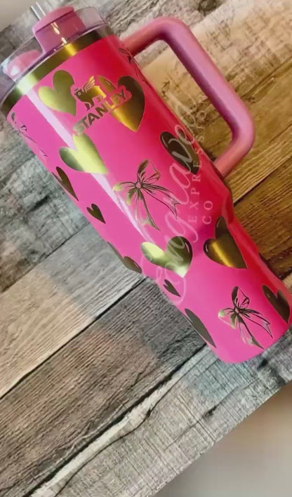 Etched Stanley Pink Parade Tumbler: Bows and Hearts Engraving