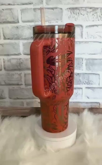 Stanley Engraved Tumbler - Pumpkin Spice Stainless Steel Cup With Peony Flower Design