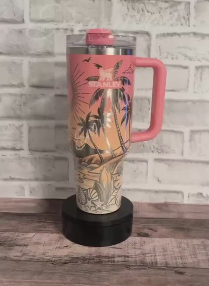 Laser Engraved Tumbler - Personalized Drinkware With Beach Sunset Design & Hibiscus Motif