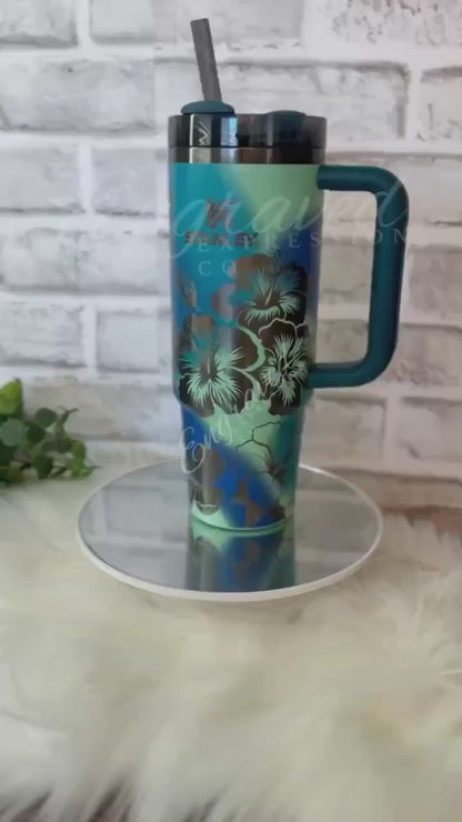 Stanley Quencher Tumbler | Laser Engraved Coastal Teal Tumbler With Hibiscus Design