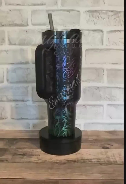 Engraved Stanley Tumbler | Black Chroma Stainless Steel Cup With Peony Flower Engraving