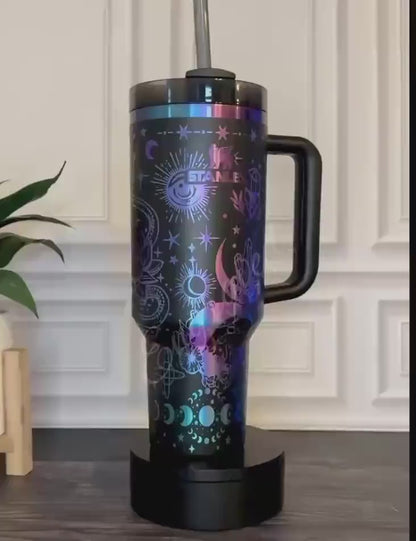 Stanley Black Chroma Tumbler – Engraved Boho Celestial Design, Moon & Stars Cup