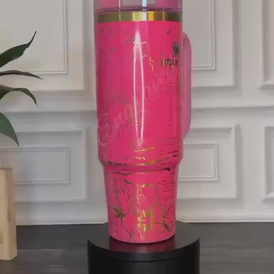 Laser Engraved Stanley Tumbler: Limited Edition Pink Parade Sunset Beach Design