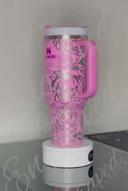 Engraved Stanley Tumbler | Peony Flower Design | Vacuum Insulated Double Wall Cup