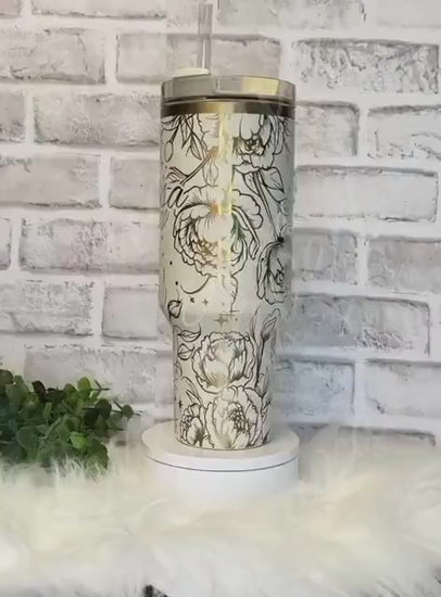 Laser Etched Peony Floral Stanley Quencher Tumbler - Cream Moon Drinkware