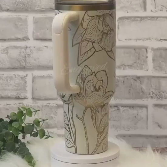 Laser Engraved Floral Stanley Quencher Tumbler - Magnolia Stanley Drinkware - Cream Moon Custom Cup