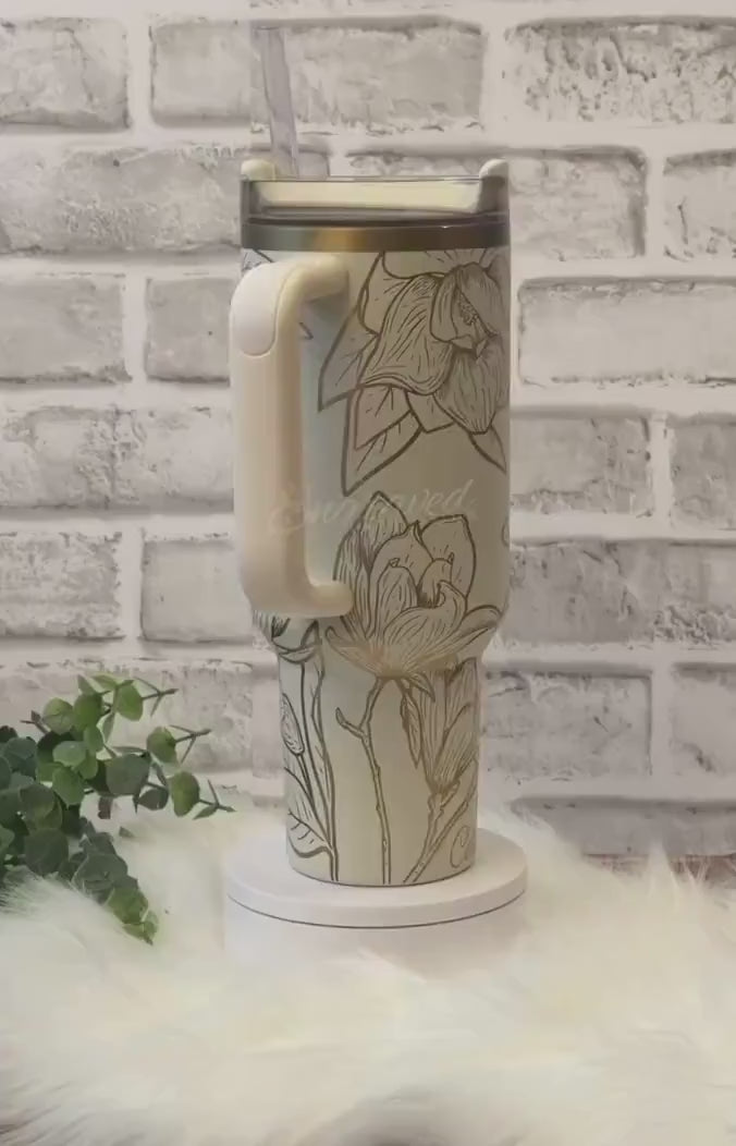 Laser Engraved Floral Stanley Quencher Tumbler - Magnolia Stanley Drinkware - Cream Moon Custom Cup