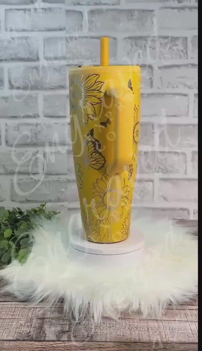 Engraved Brumate Tumbler – Custom Floral Sunflower & Butterfly Etched Yellow Drinkware