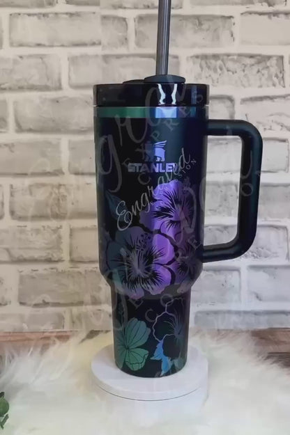 Stanley Black Chroma Tumbler - Custom Engraved Hibiscus Flower Design, Stainless Steel