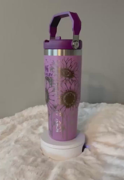Stanley IceFlow Tumbler – 30 oz Insulated Lilac Cup with Engraved Sunflower Design