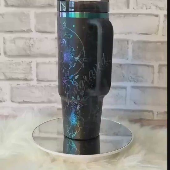 Engraved Stanley Tumbler Etched Black Chroma Stanley Boho Flowers Laser Engraved Stanley Black Chroma Floral Boho Stanley Cup Gift For Her