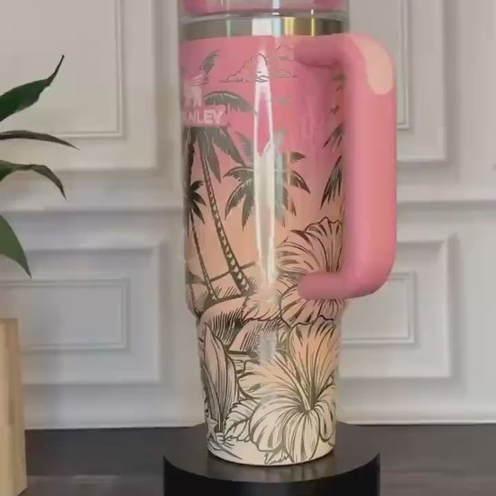 Laser Engraved Stanley Tumbler: Pink Mesa Sunset Summer Beach Design