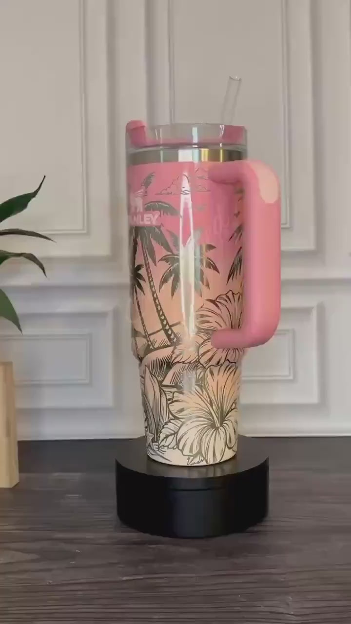 Laser Engraved Stanley Tumbler: Pink Mesa Sunset Summer Beach Design